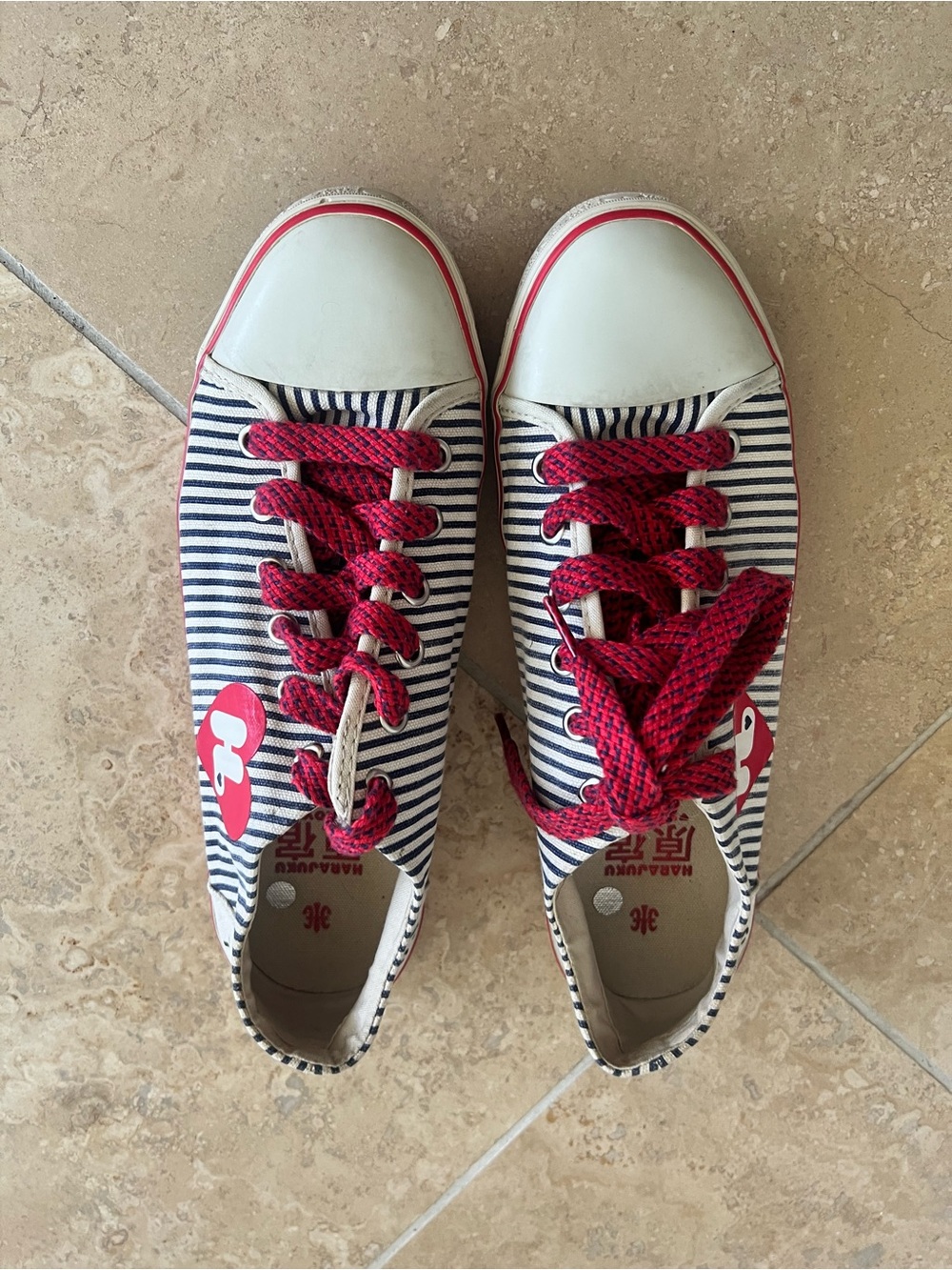 Harajuka Lovers Navy & White Striped Sneakers with Red Accents - Picture 4 of 9